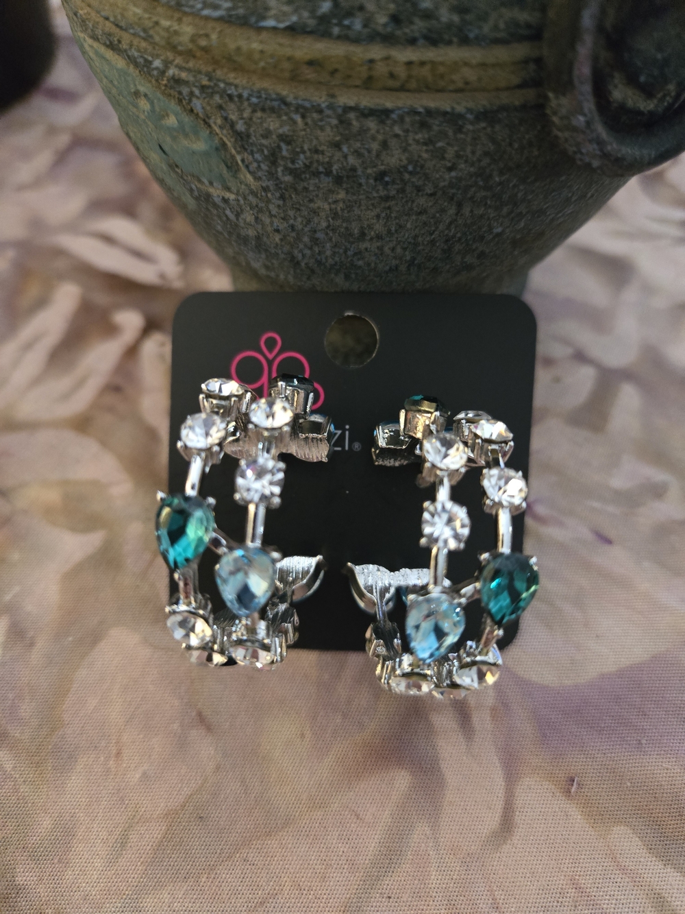 Silver Hoop Earrings with Teal and Clear Crystals - Unknown Brand